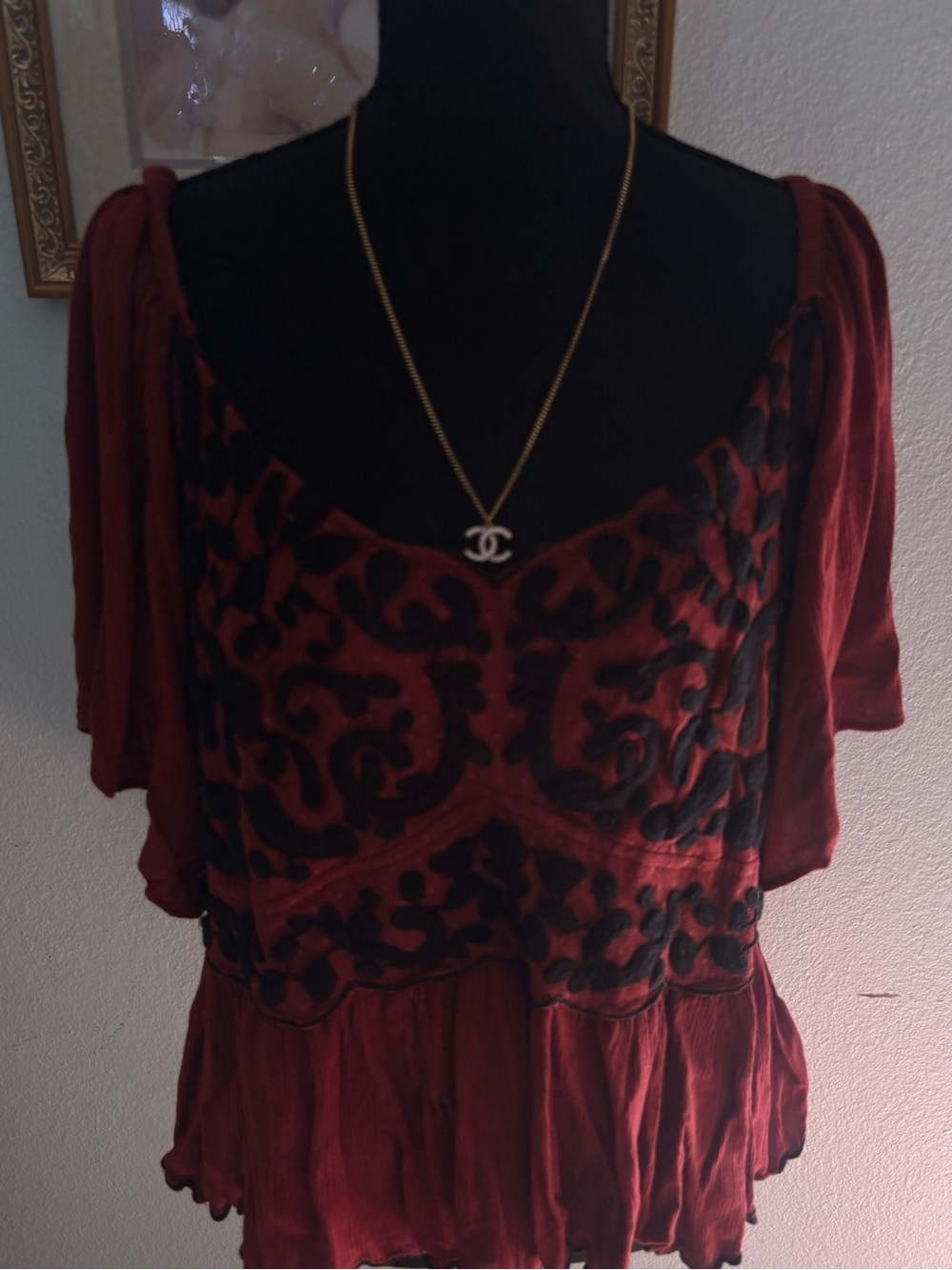 Shyanne Red and Black Embroidered Peasant Top